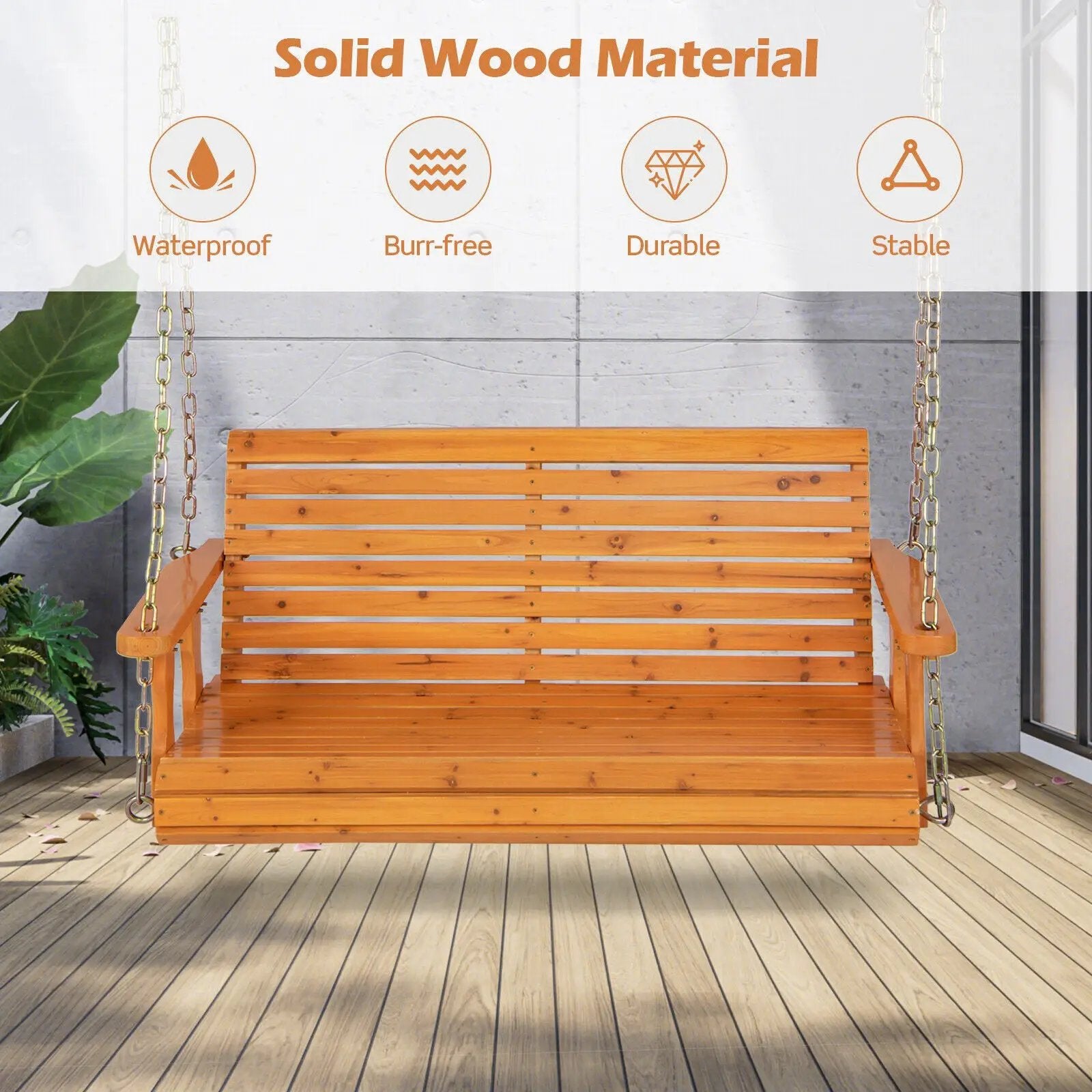 2-Person Wooden Porch Swing with Hanging Chains for Garden Yard by DirectDeals
