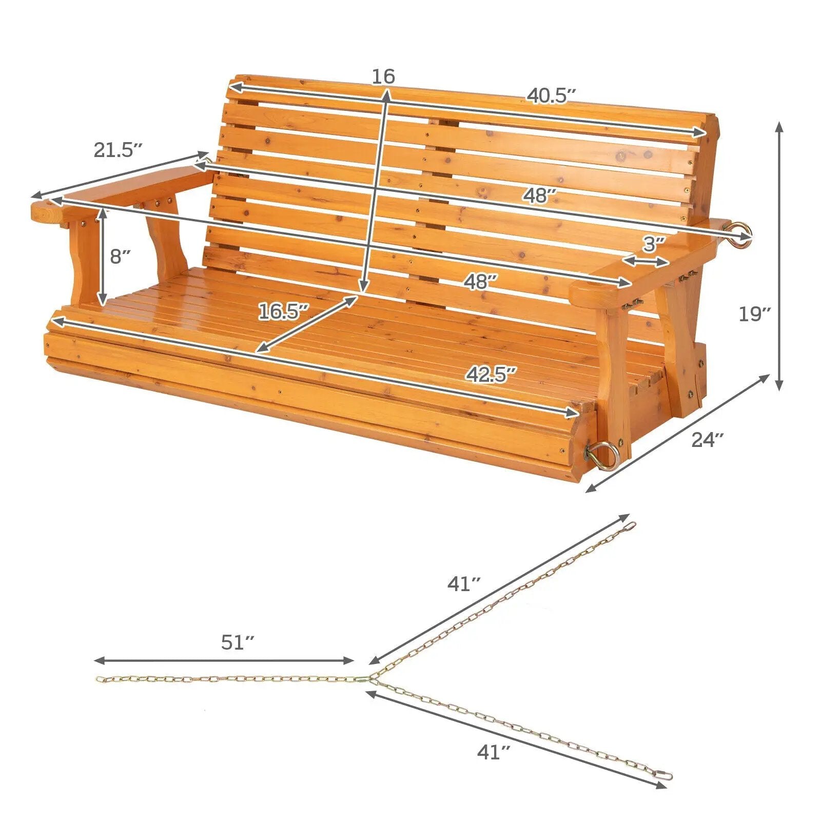 2-Person Wooden Porch Swing with Hanging Chains for Garden Yard by DirectDeals