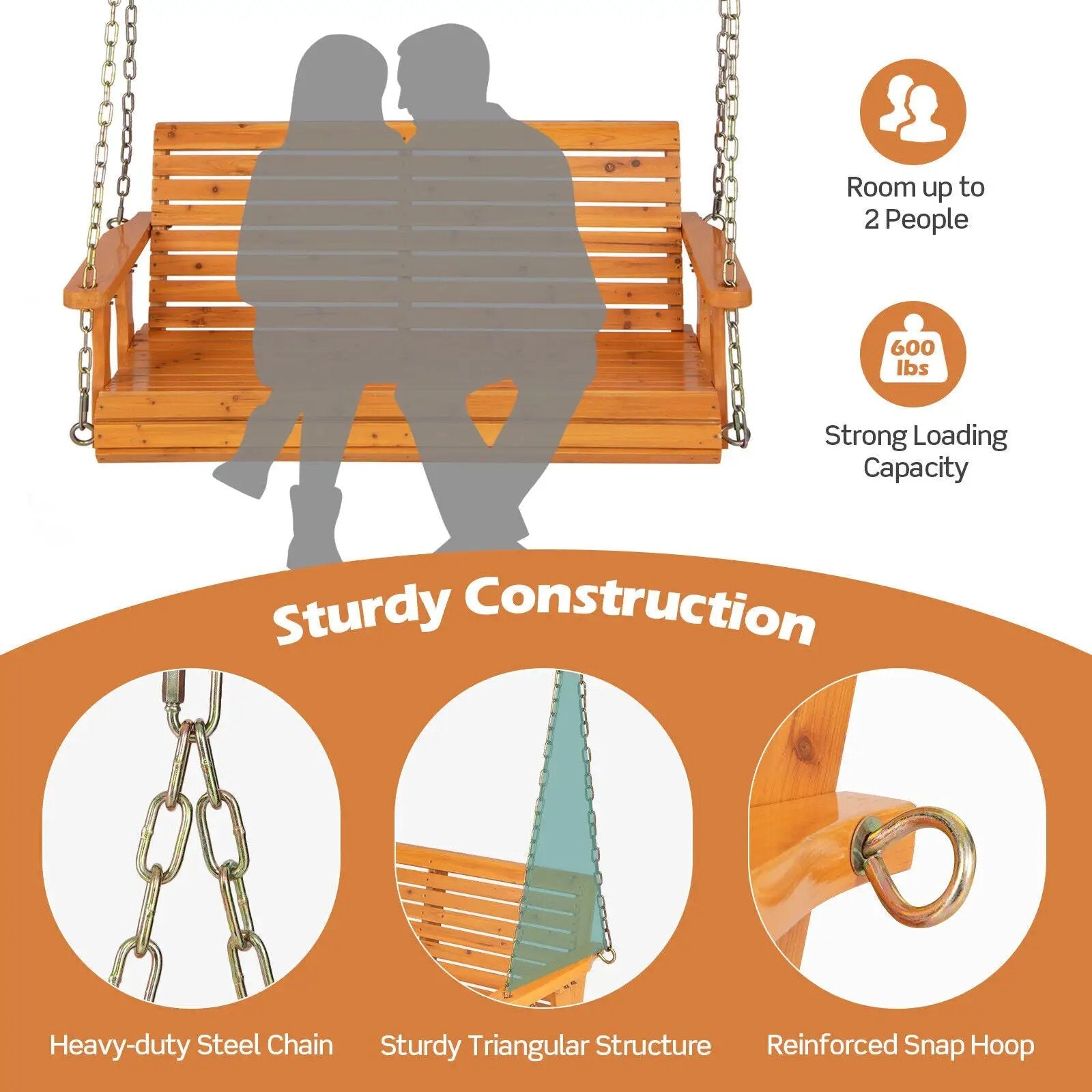 2-Person Wooden Porch Swing with Hanging Chains for Garden Yard by DirectDeals