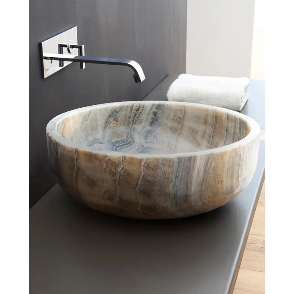 Gray Translucent Turkish Onyx Natural Stone Vessel Sink - Polished 16 Inch x 6 Inch by GobekDesign