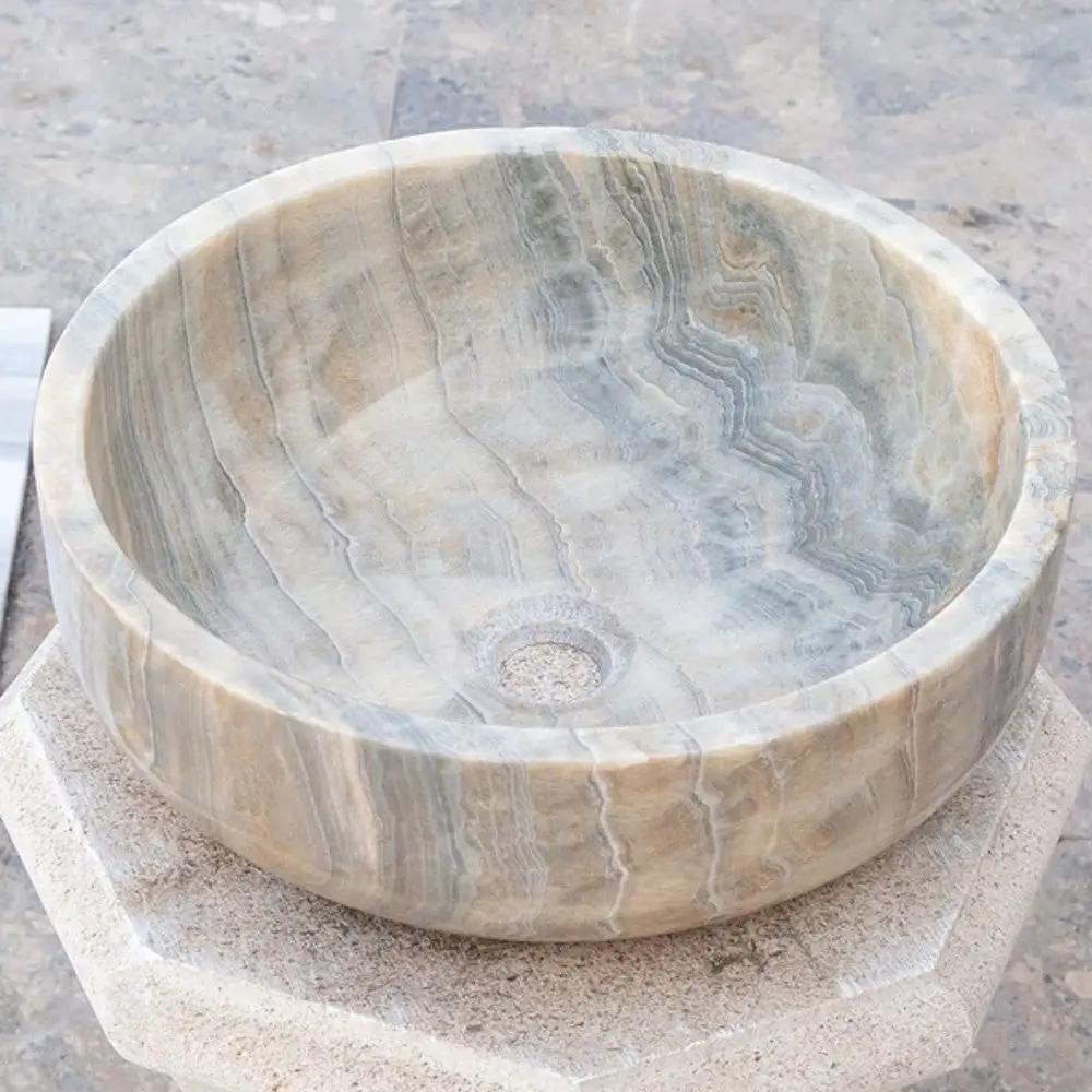 Gray Translucent Turkish Onyx Natural Stone Vessel Sink - Polished 16 Inch x 6 Inch by GobekDesign