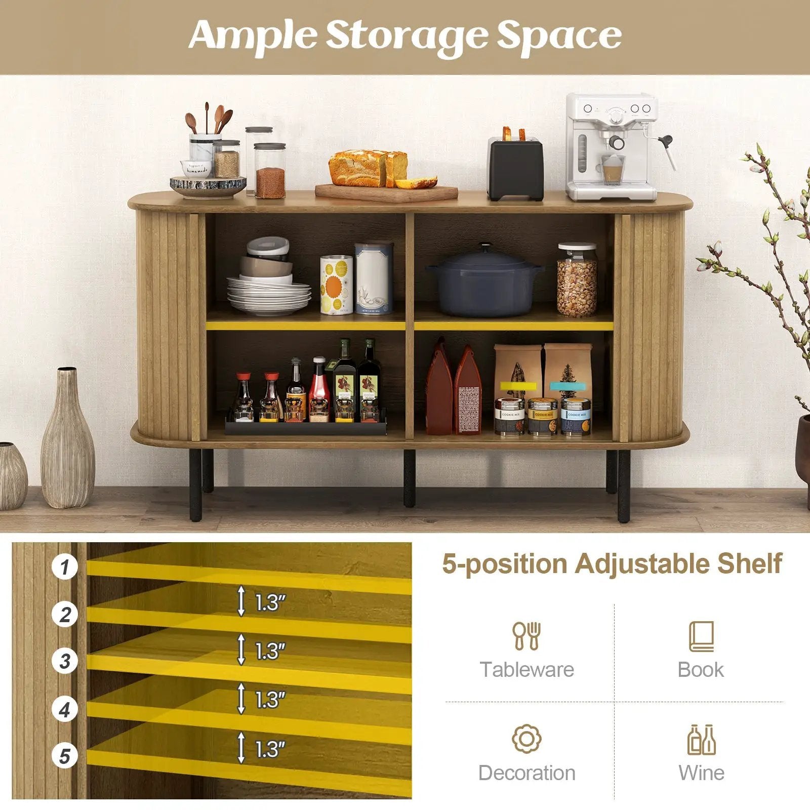 47 Inch Sideboard Buffet Cabinet with Adjustable Shelves for Kitchen Dining Room Living Room Entryway-Oak by DirectDeals