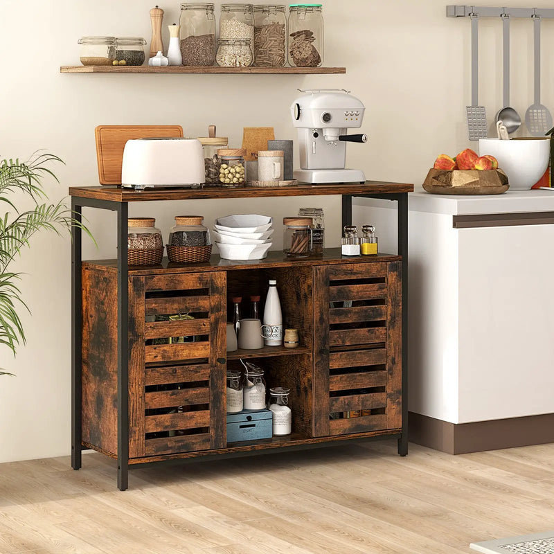 Buffet Cabinet Industrial Sideboard Storage Cabinet with Push-to-Open Slatted Door and 3 Adjustable Shelves-Rustic Brown by DirectDeals