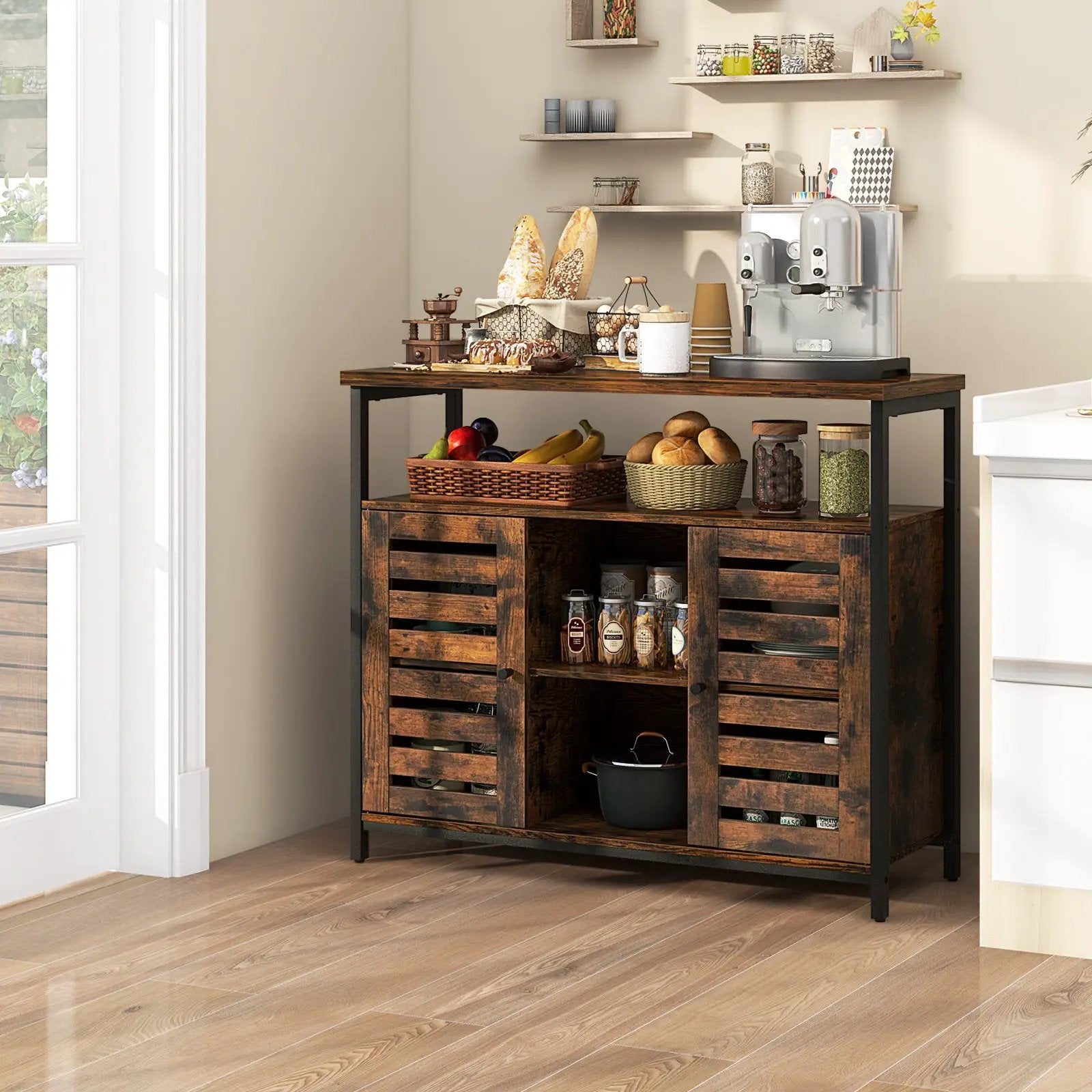 Buffet Cabinet Industrial Sideboard Storage Cabinet with Push-to-Open Slatted Door and 3 Adjustable Shelves-Rustic Brown by DirectDeals