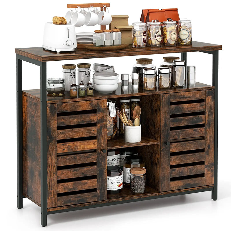 Buffet Cabinet Industrial Sideboard Storage Cabinet with Push-to-Open Slatted Door and 3 Adjustable Shelves-Rustic Brown by DirectDeals