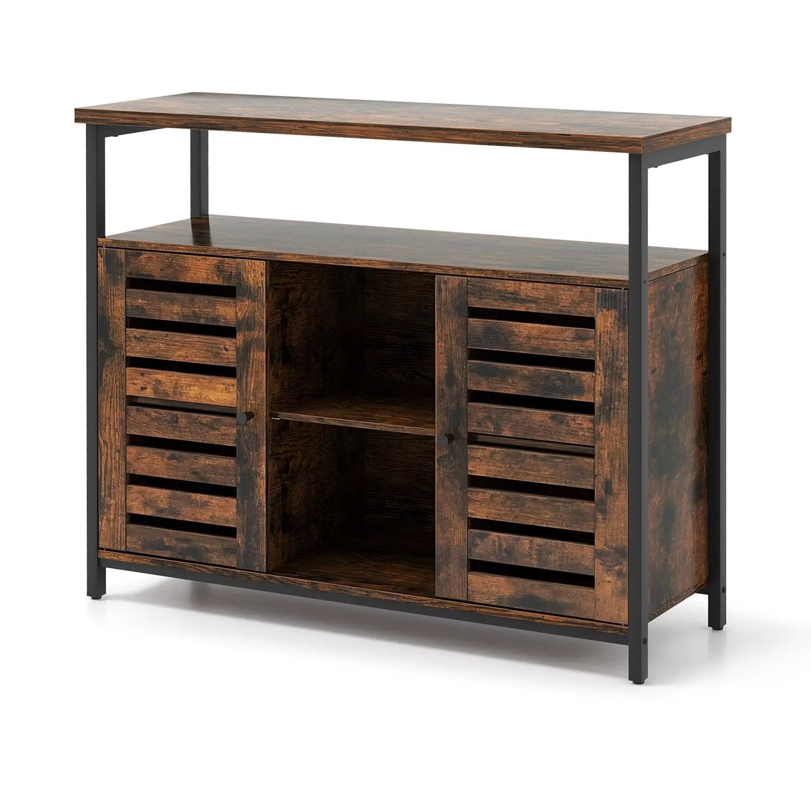 Buffet Cabinet Industrial Sideboard Storage Cabinet with Push-to-Open Slatted Door and 3 Adjustable Shelves-Rustic Brown by DirectDeals