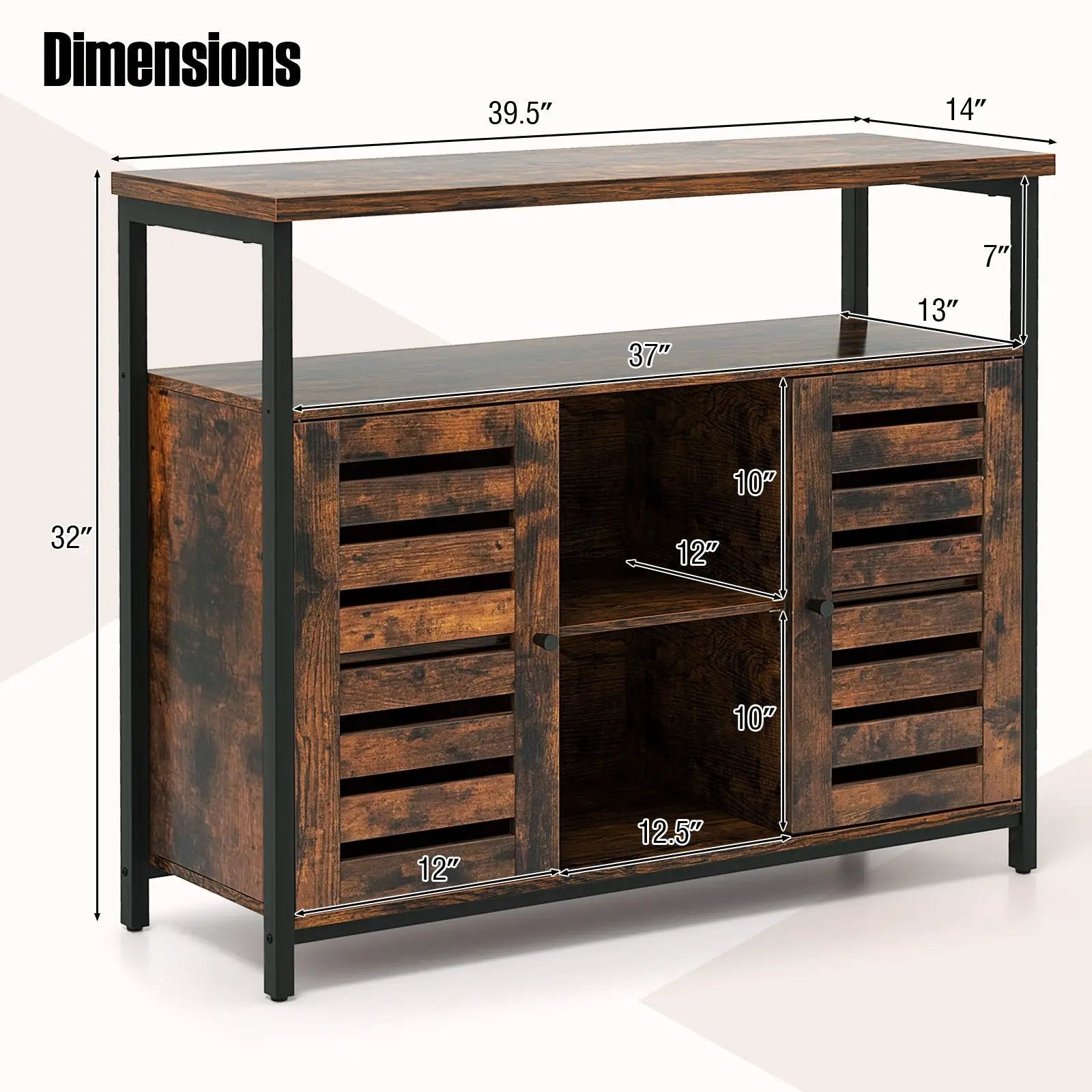 Buffet Cabinet Industrial Sideboard Storage Cabinet with Push-to-Open Slatted Door and 3 Adjustable Shelves-Rustic Brown by DirectDeals