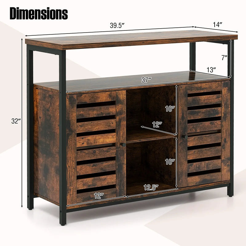 Buffet Cabinet Industrial Sideboard Storage Cabinet with Push-to-Open Slatted Door and 3 Adjustable Shelves-Rustic Brown by DirectDeals