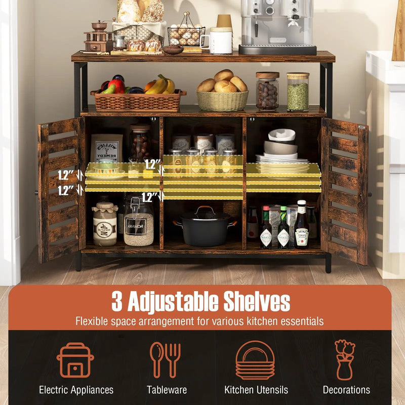 Buffet Cabinet Industrial Sideboard Storage Cabinet with Push-to-Open Slatted Door and 3 Adjustable Shelves-Rustic Brown by DirectDeals