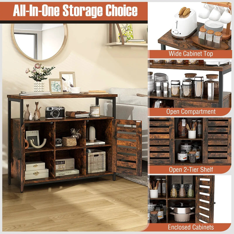 Buffet Cabinet Industrial Sideboard Storage Cabinet with Push-to-Open Slatted Door and 3 Adjustable Shelves-Rustic Brown by DirectDeals