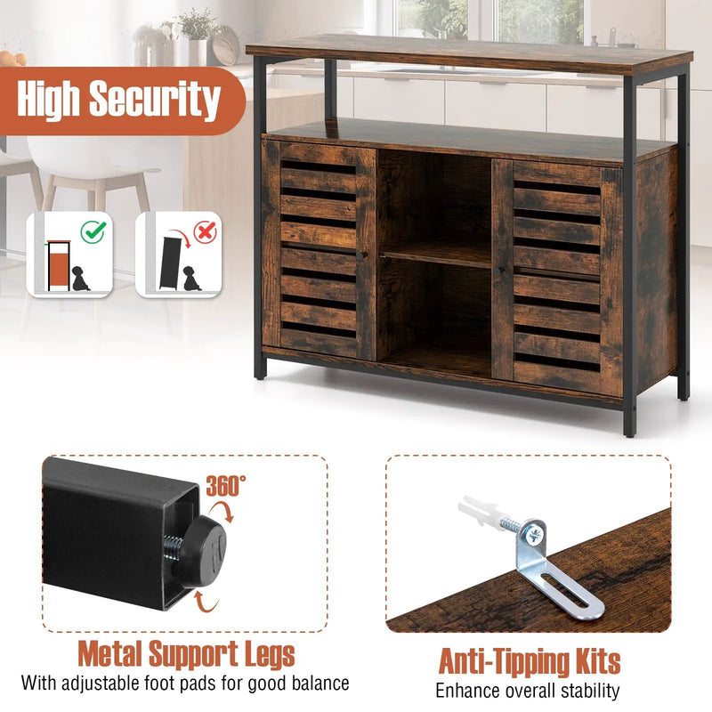 Buffet Cabinet Industrial Sideboard Storage Cabinet with Push-to-Open Slatted Door and 3 Adjustable Shelves-Rustic Brown by DirectDeals