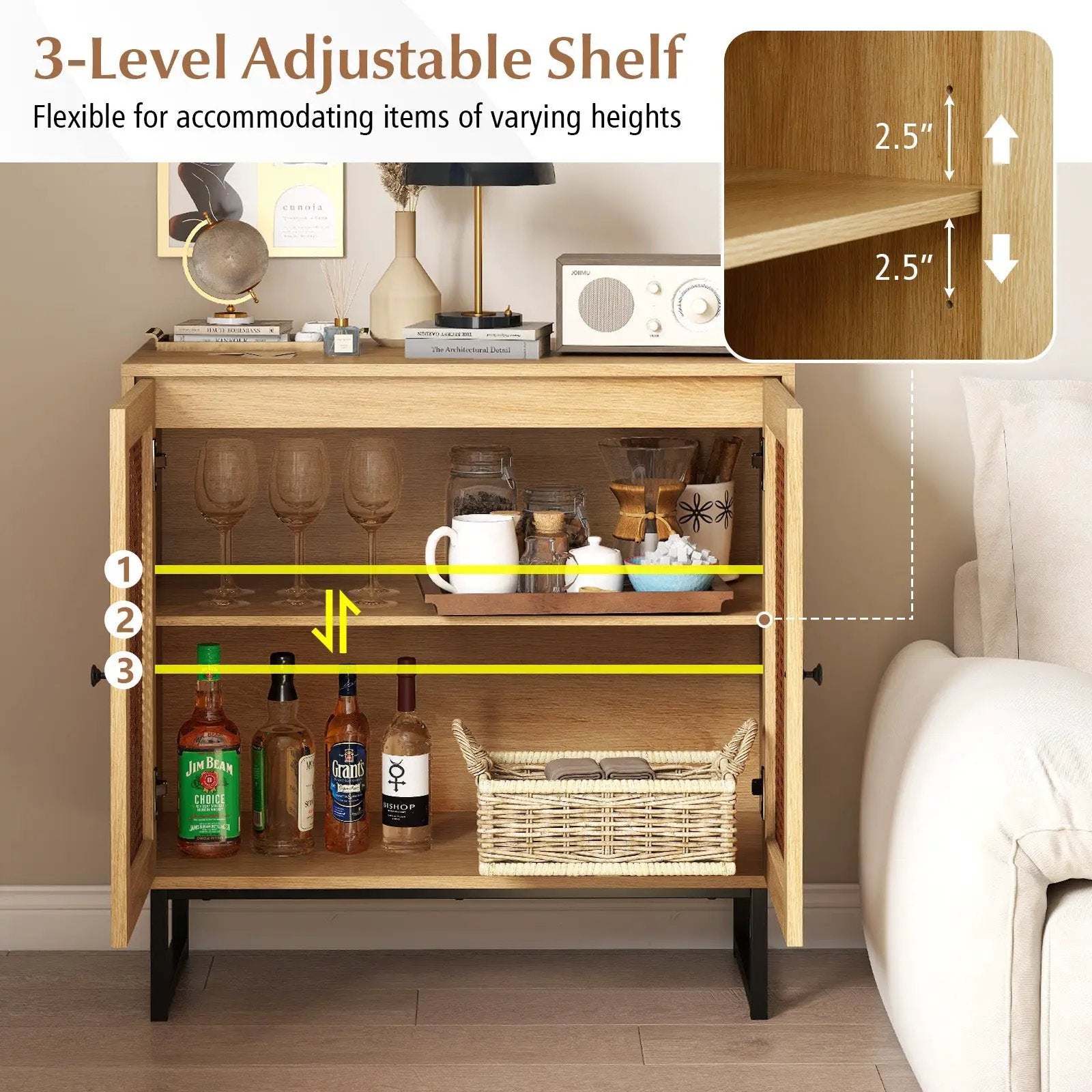 Buffet Cabinet Rattan Storage Cabinet with 2 Doors and Adjustable Shelf by DirectDeals