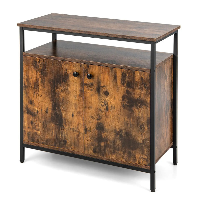 2-Door Buffet Cabinet with Shelves and Cable Management Holes-Rustic Brown by DirectDeals