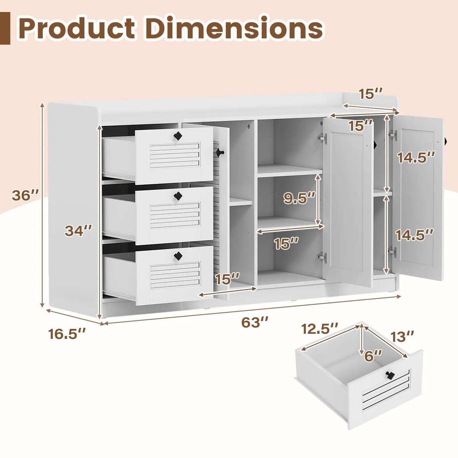 Buffet Cabinet with Storage Modern Sideboard Cabinet with 3 Doors-White by DirectDeals
