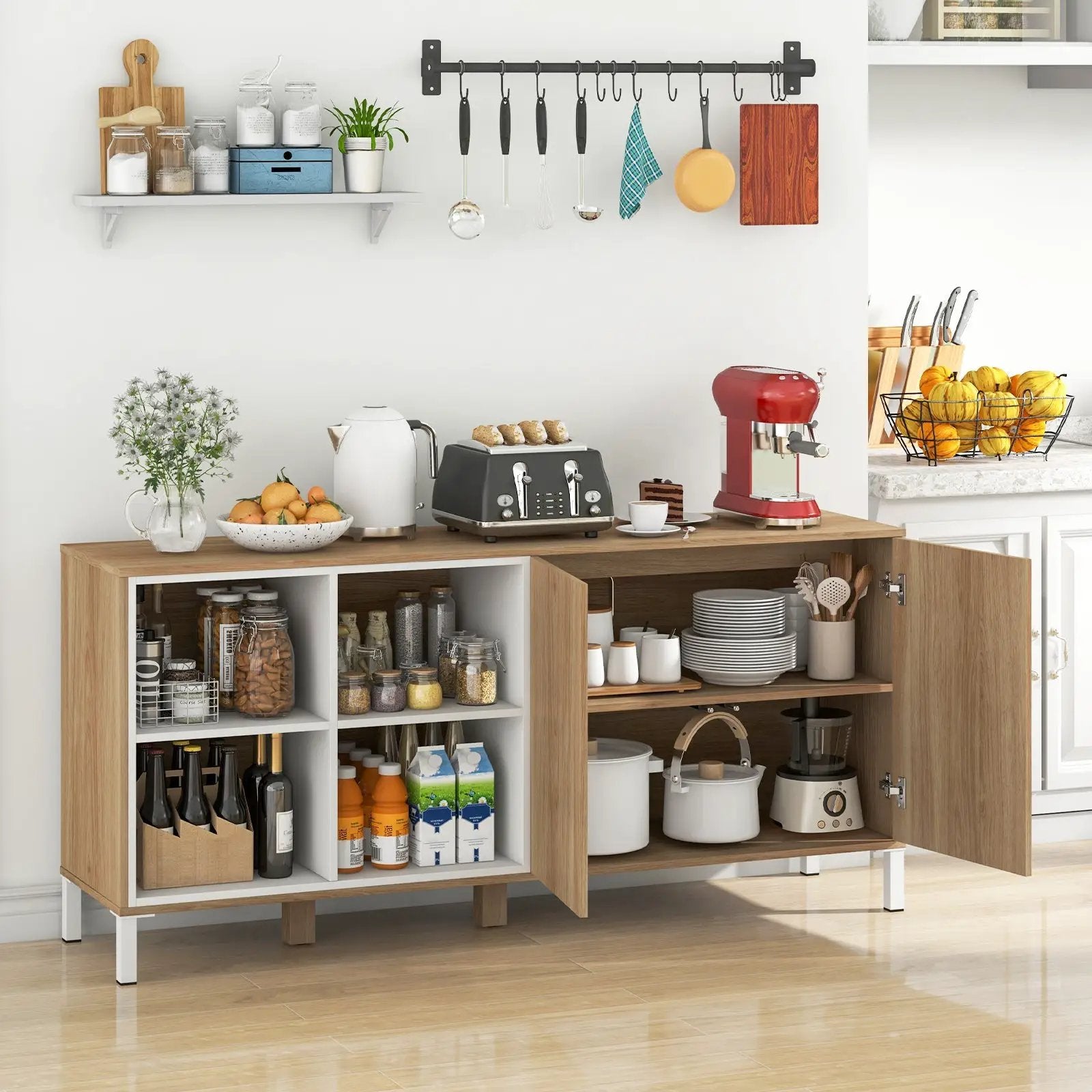 63 Inches Buffet Sideboard with 4 Compartments and Push-to-Open Cabinet-Natural by DirectDeals