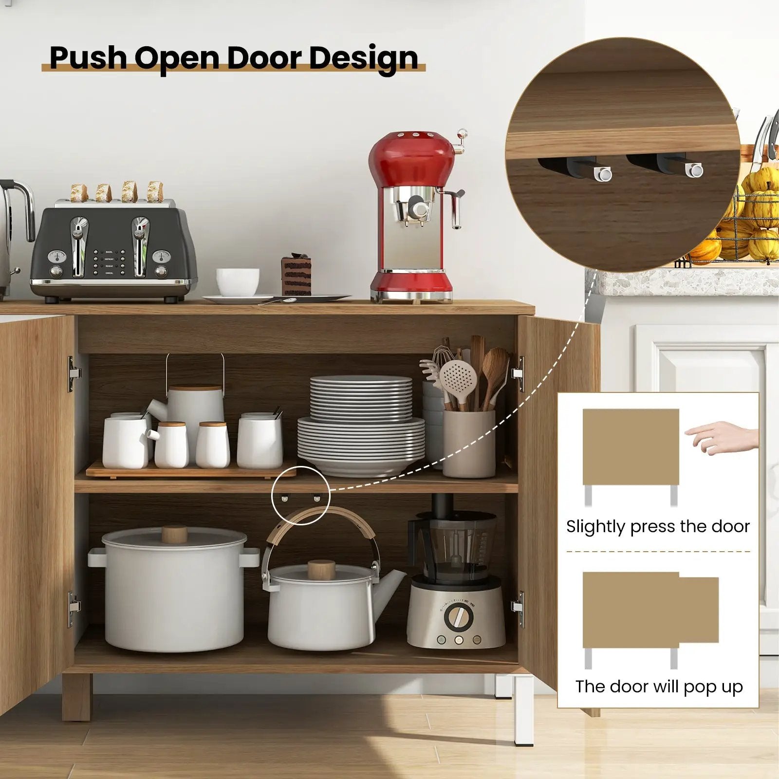 63 Inches Buffet Sideboard with 4 Compartments and Push-to-Open Cabinet-Natural by DirectDeals