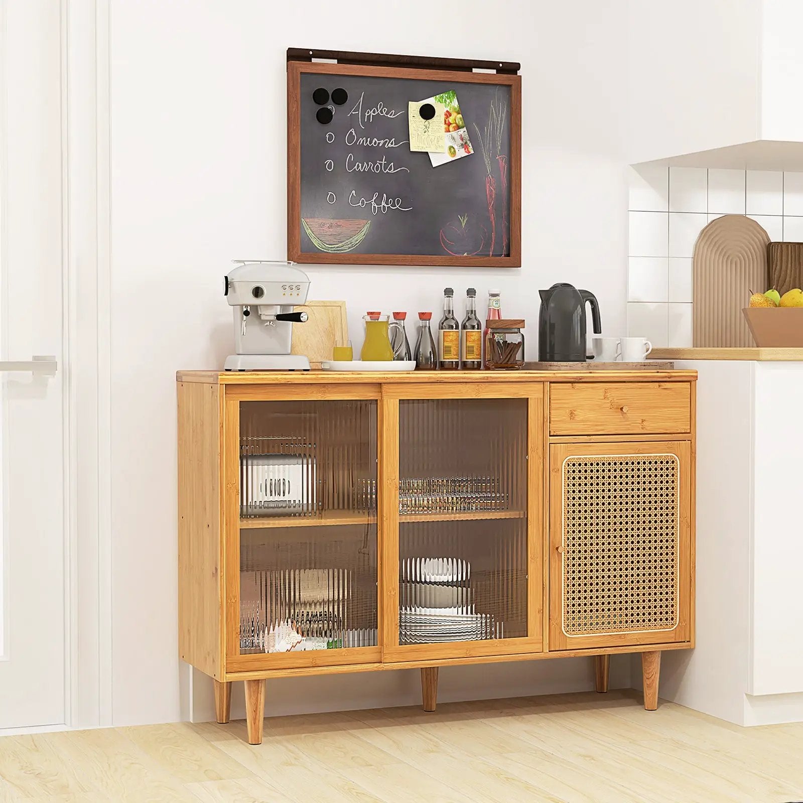 Modern Bamboo Buffet Sideboard Cabinet with Tempered Glass Sliding Doors-Natural by DirectDeals