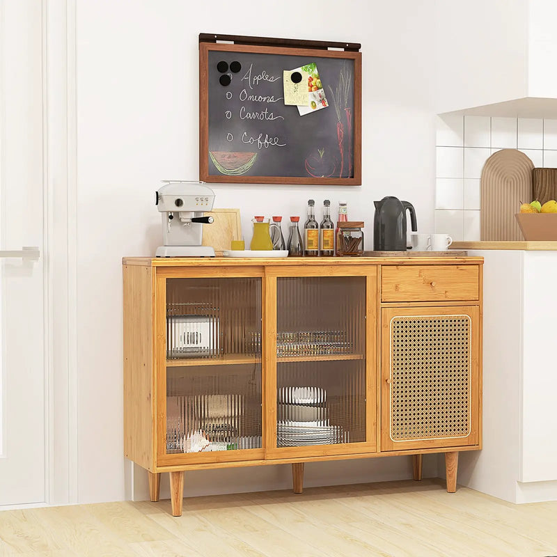 Modern Bamboo Buffet Sideboard Cabinet with Tempered Glass Sliding Doors-Natural by DirectDeals