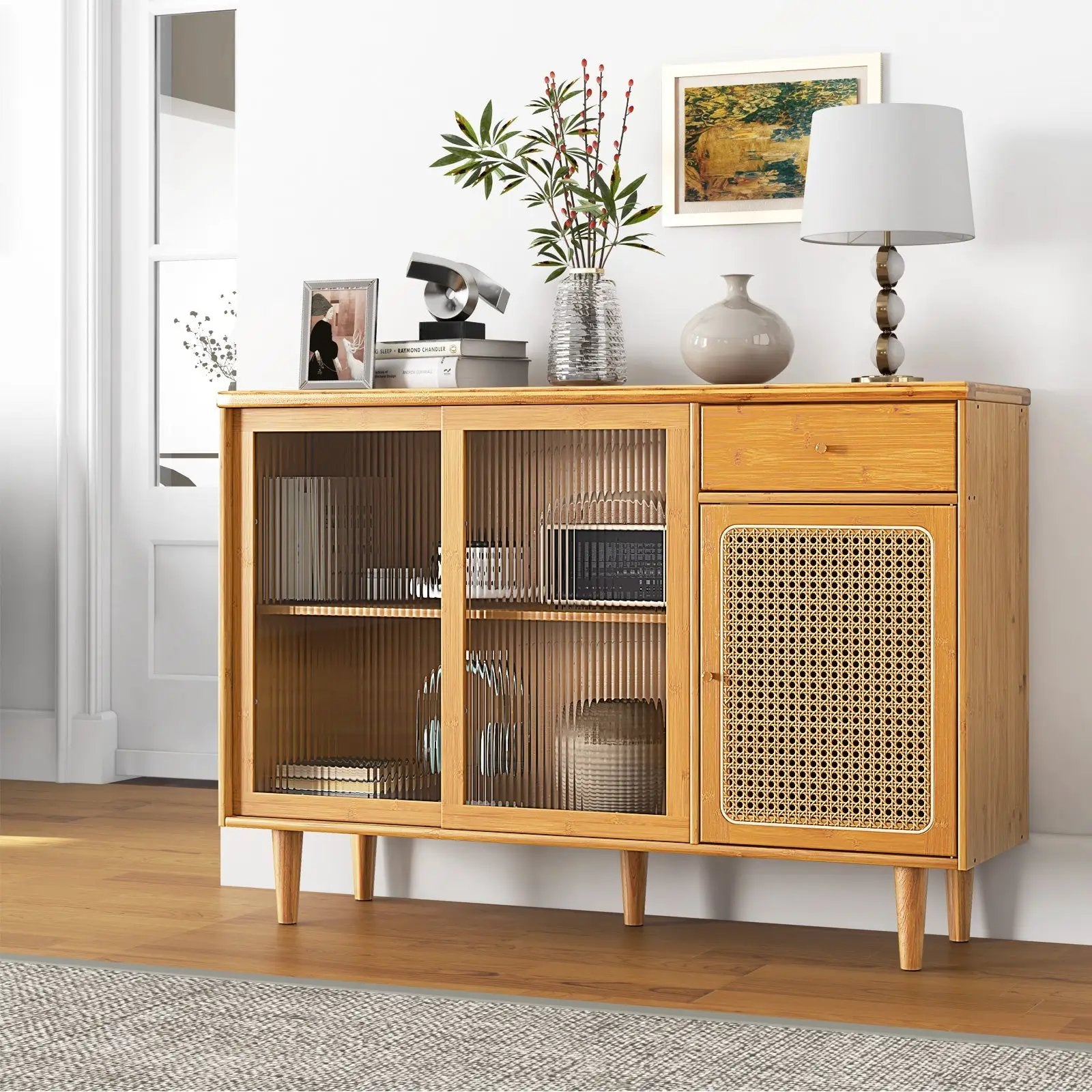 Modern Bamboo Buffet Sideboard Cabinet with Tempered Glass Sliding Doors-Natural by DirectDeals