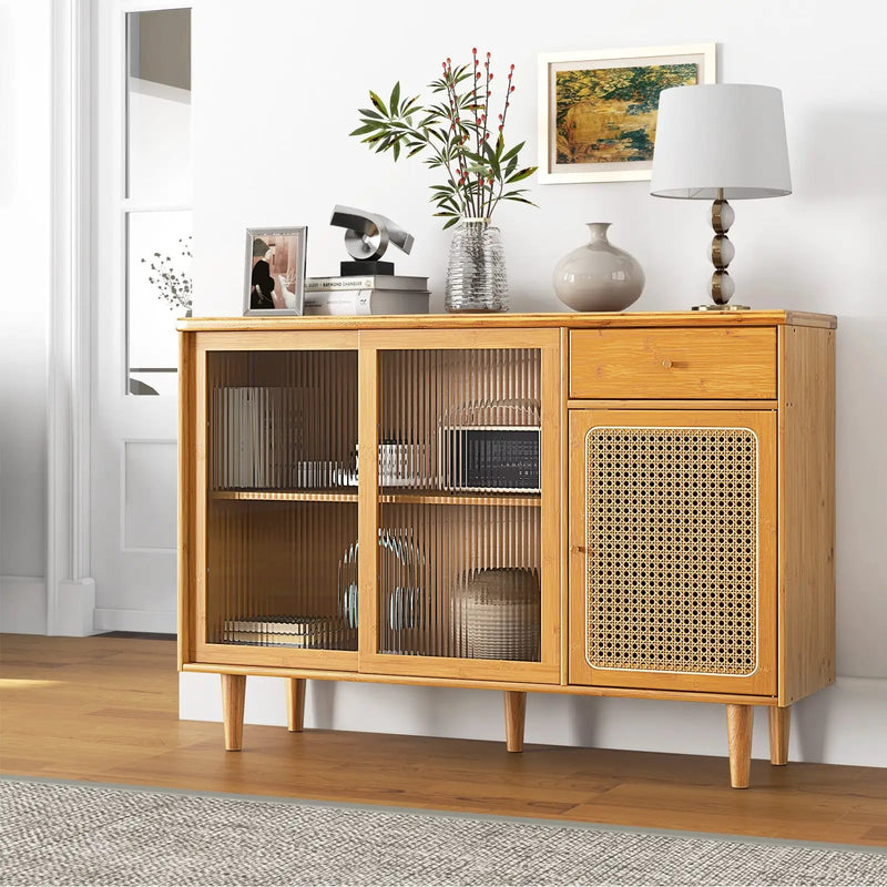 Modern Bamboo Buffet Sideboard Cabinet with Tempered Glass Sliding Doors-Natural by DirectDeals