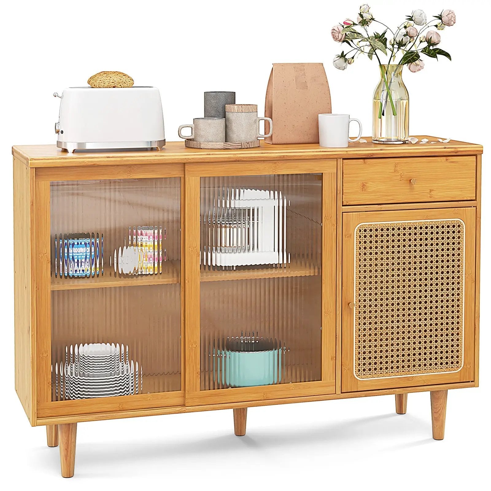Modern Bamboo Buffet Sideboard Cabinet with Tempered Glass Sliding Doors-Natural by DirectDeals