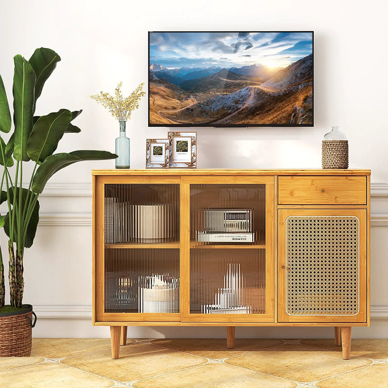 Modern Bamboo Buffet Sideboard Cabinet with Tempered Glass Sliding Doors-Natural by DirectDeals