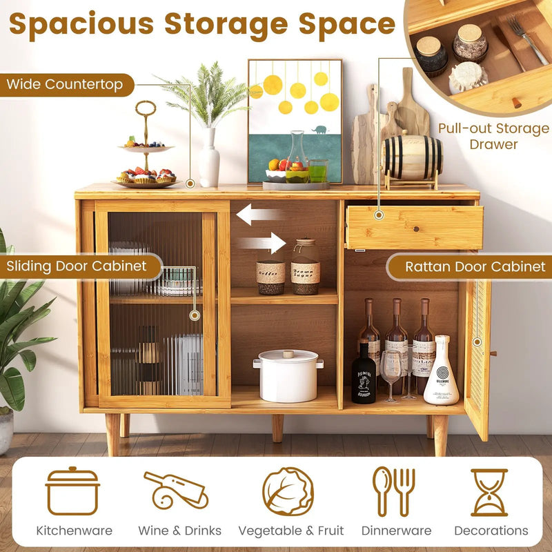 Modern Bamboo Buffet Sideboard Cabinet with Tempered Glass Sliding Doors-Natural by DirectDeals