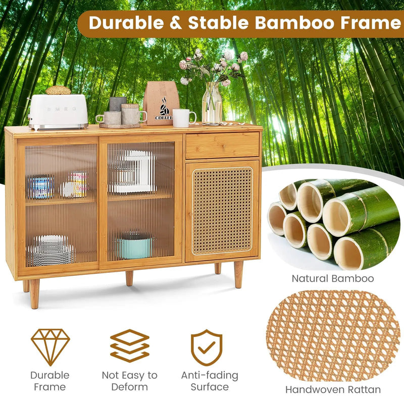 Modern Bamboo Buffet Sideboard Cabinet with Tempered Glass Sliding Doors-Natural by DirectDeals
