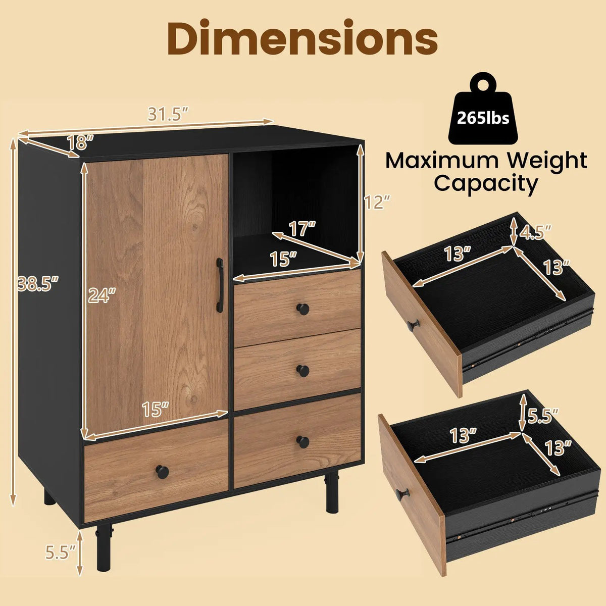 Buffet Sideboard Mid Century Modern Storage Cabinet with 4 Drawers and Open Compartment, photo 9 of 16