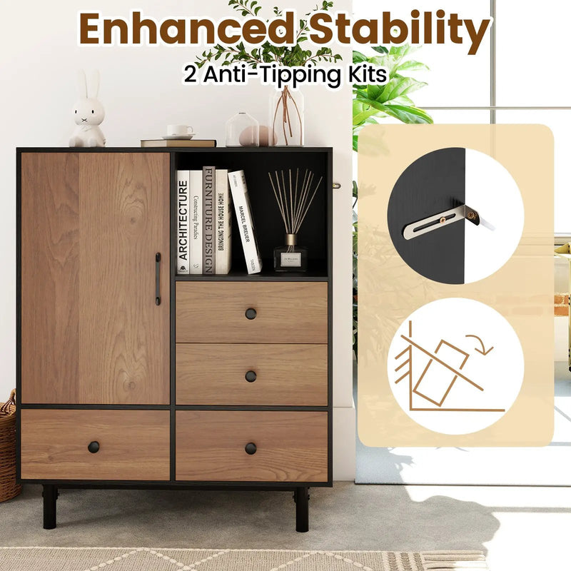 Buffet Sideboard Mid Century Modern Storage Cabinet with 4 Drawers and Open Compartment by DirectDeals