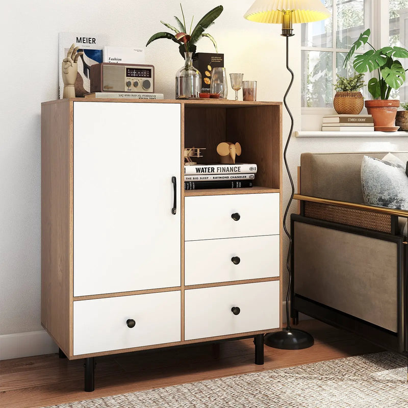 Buffet Sideboard Mid Century Modern Storage Cabinet with 4 Drawers and Open Compartment by DirectDeals