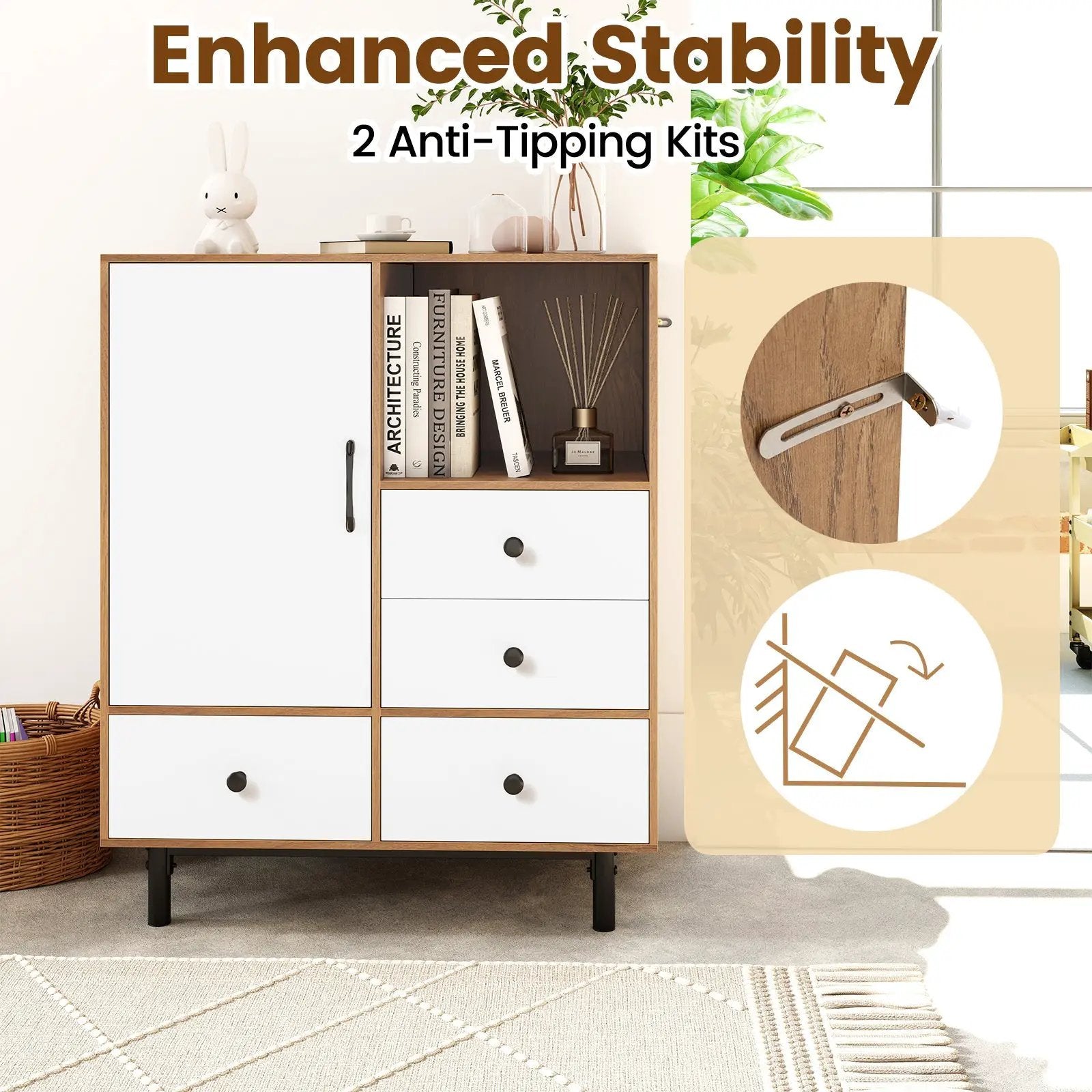 Buffet Sideboard Mid Century Modern Storage Cabinet with 4 Drawers and Open Compartment by DirectDeals