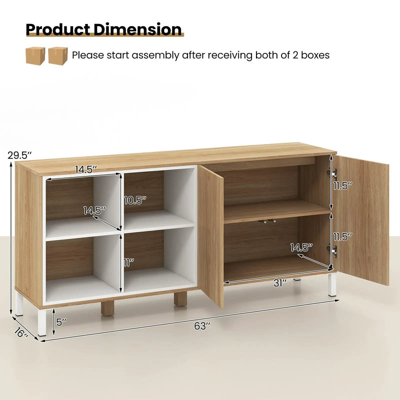 63 Inches Buffet Sideboard with 4 Compartments and Push-to-Open Cabinet-Natural by DirectDeals