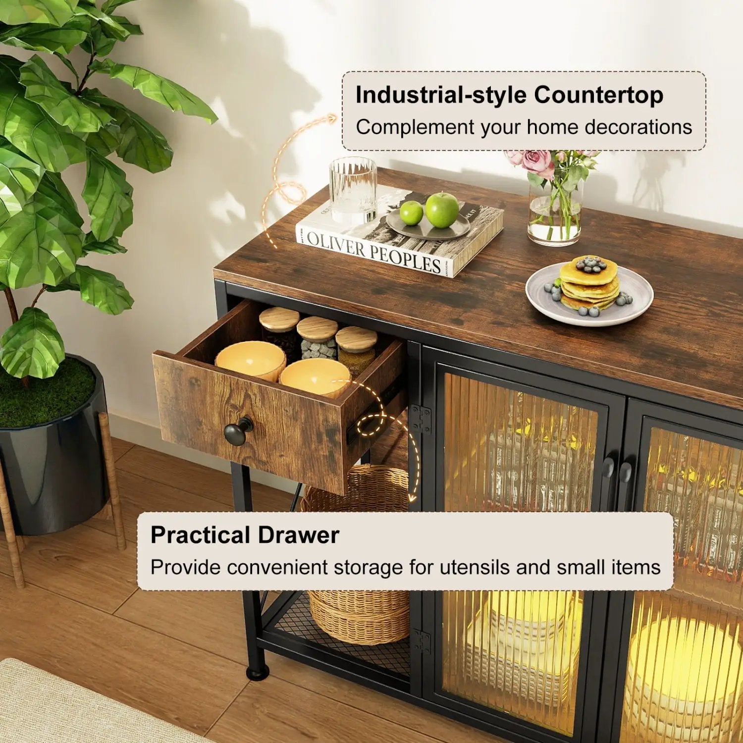 Buffet Sideboard with Doors Power Outlets and LED Light by DirectDeals