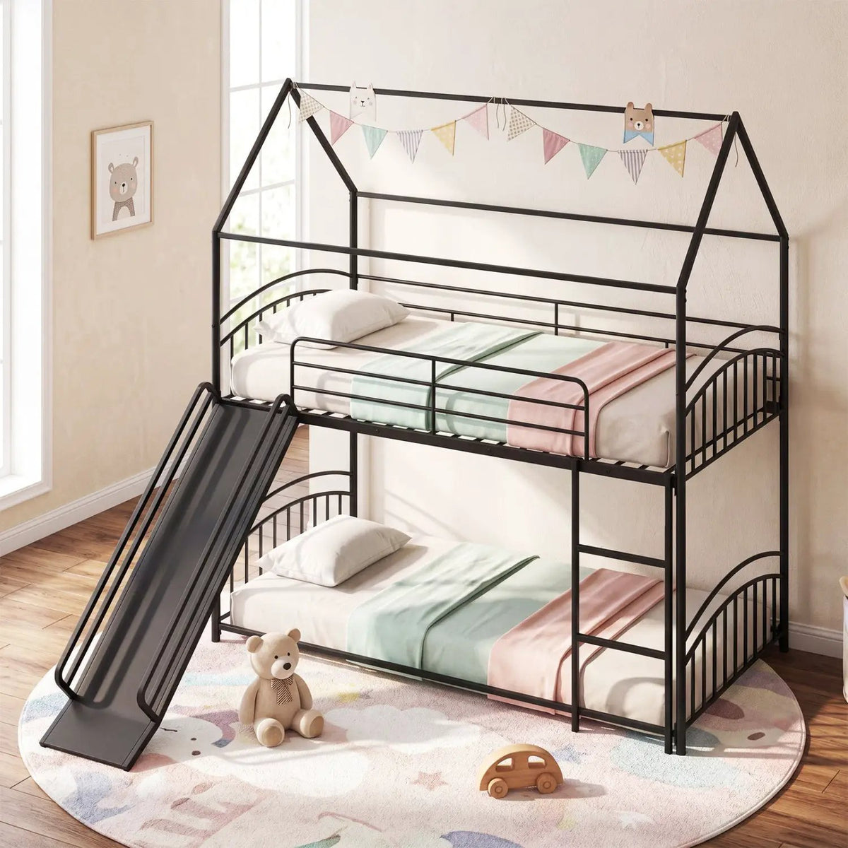 Bunk Bed Twin Over Twin House Bunk Bed Frame with Metal Slats, photo 3 of 16