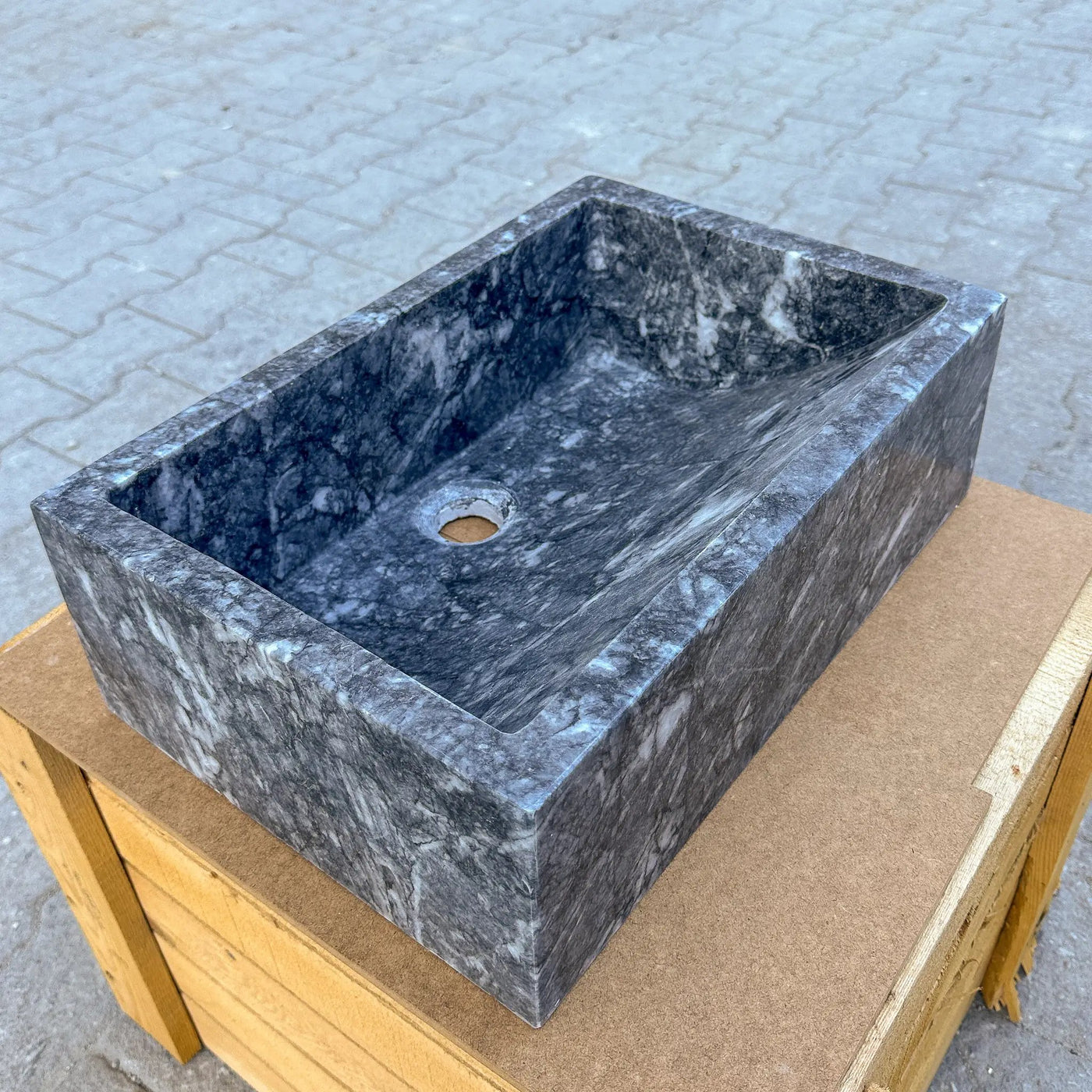 Turkish Gray Marble Hand Carved Rectangular Vessel Sink Polished 12 x 18 x 6 Inches by GobekDesign