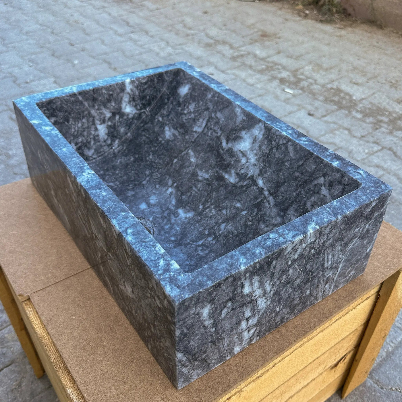 Turkish Gray Marble Hand Carved Rectangular Vessel Sink Polished 12 x 18 x 6 Inches by GobekDesign