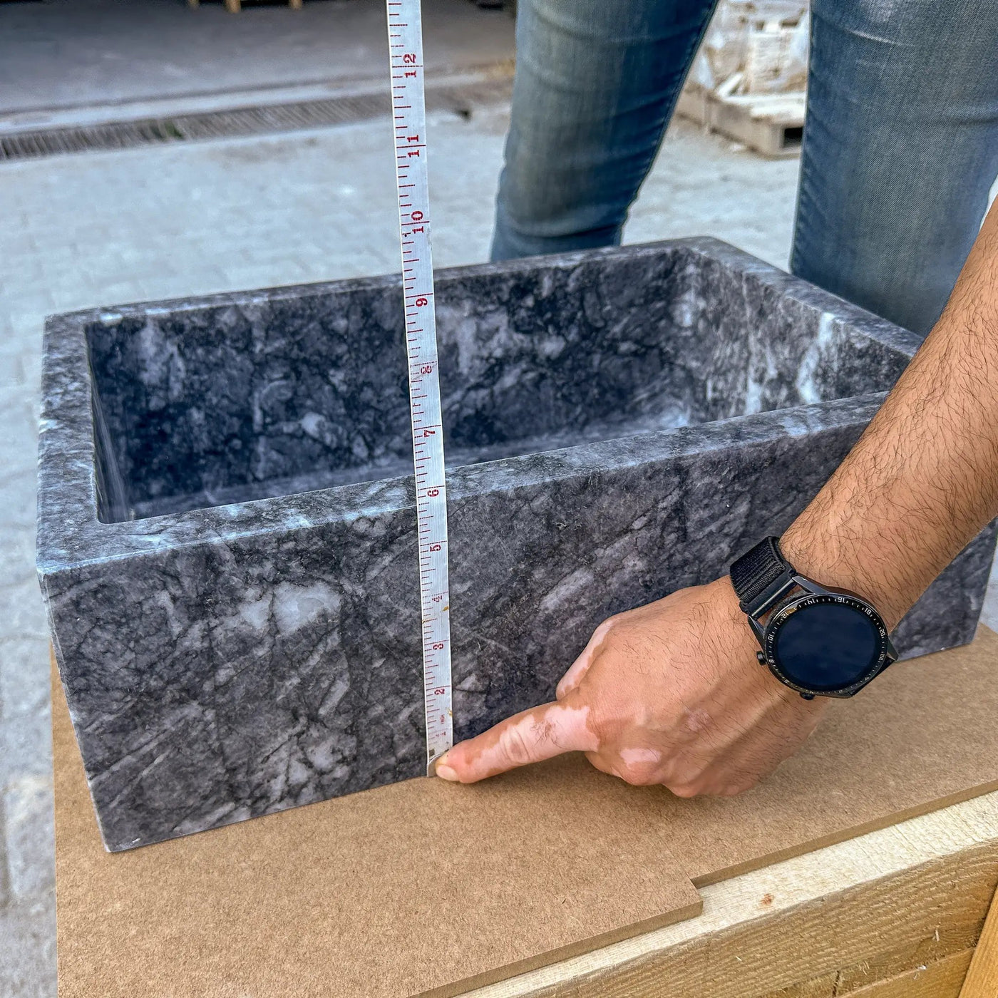 Turkish Gray Marble Hand Carved Rectangular Vessel Sink Polished 12 x 18 x 6 Inches by GobekDesign