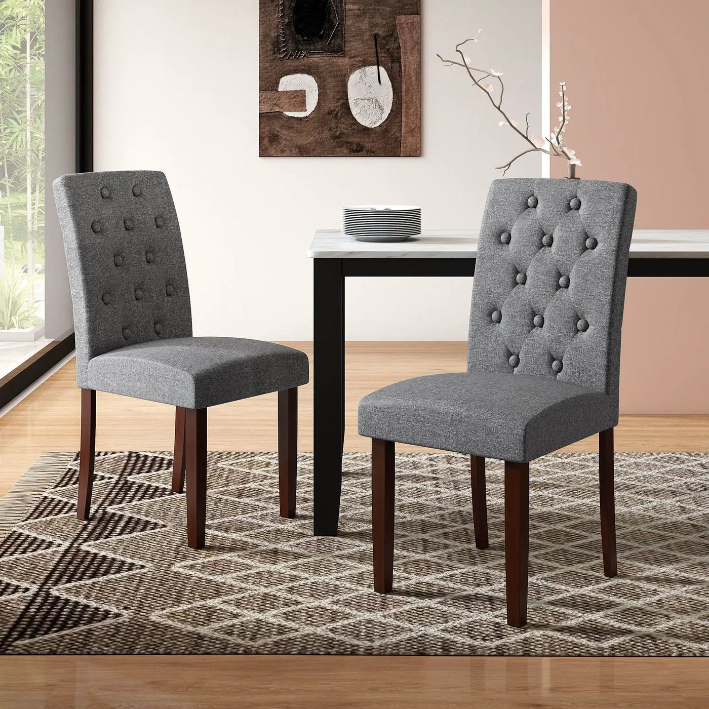 Button Tufted Fabric Upholstered Wooden Dining Chair Set of 2 with High Curved Back by DirectDeals