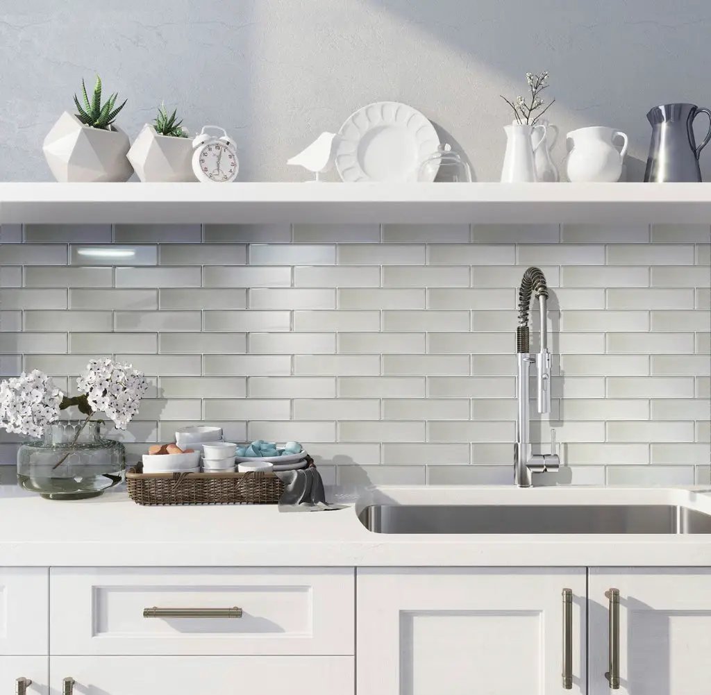 Powder White 12x12 Glossy Brick Glass Mosaic Tile (5 pack, 4.83 sq ft/case) by Apollo Tile