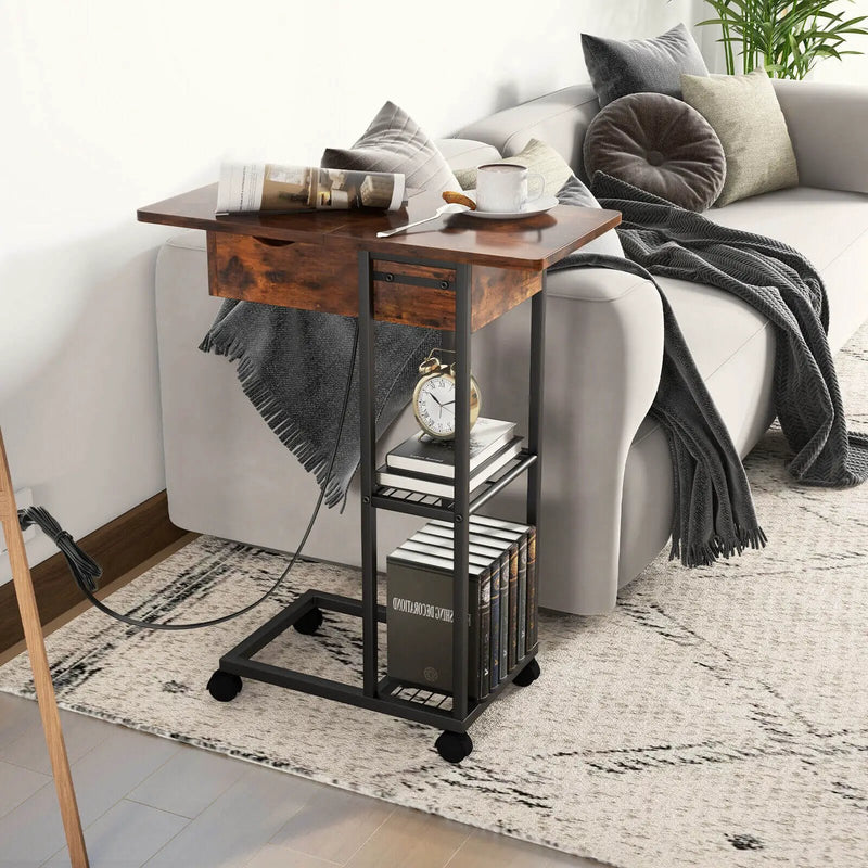 C-Shaped End Side Table with Charging Station and Wheels-Rustic Brown by DirectDeals