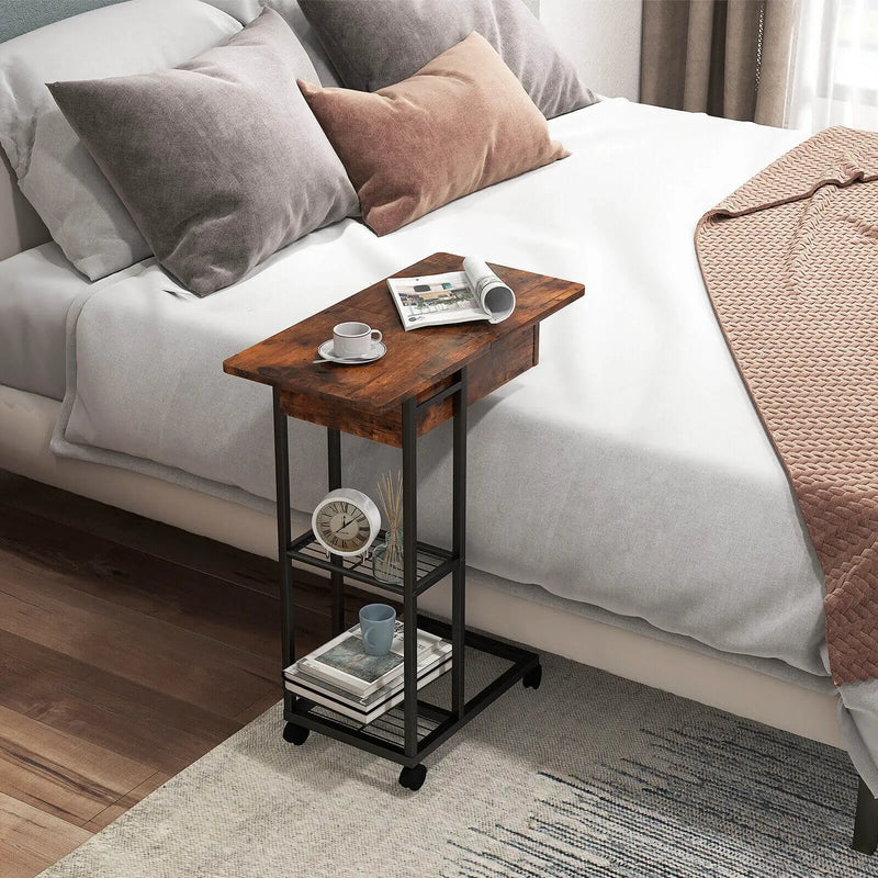 C-Shaped End Side Table with Charging Station and Wheels-Rustic Brown by DirectDeals