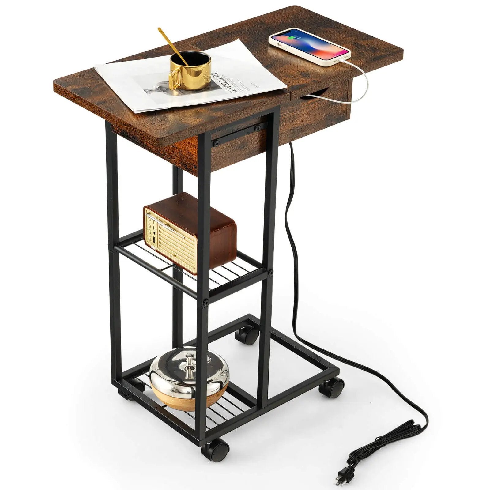 C-Shaped End Side Table with Charging Station and Wheels-Rustic Brown by DirectDeals