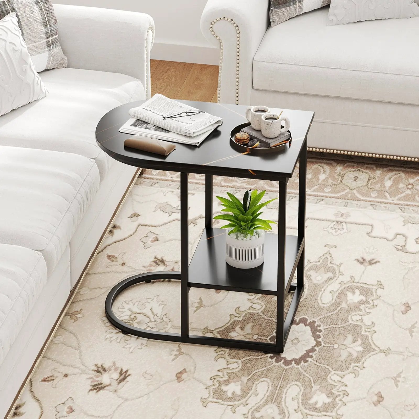 C-shaped Modern Sofa Side Table with Faux Marble Tabletop and Storage Shelf by DirectDeals