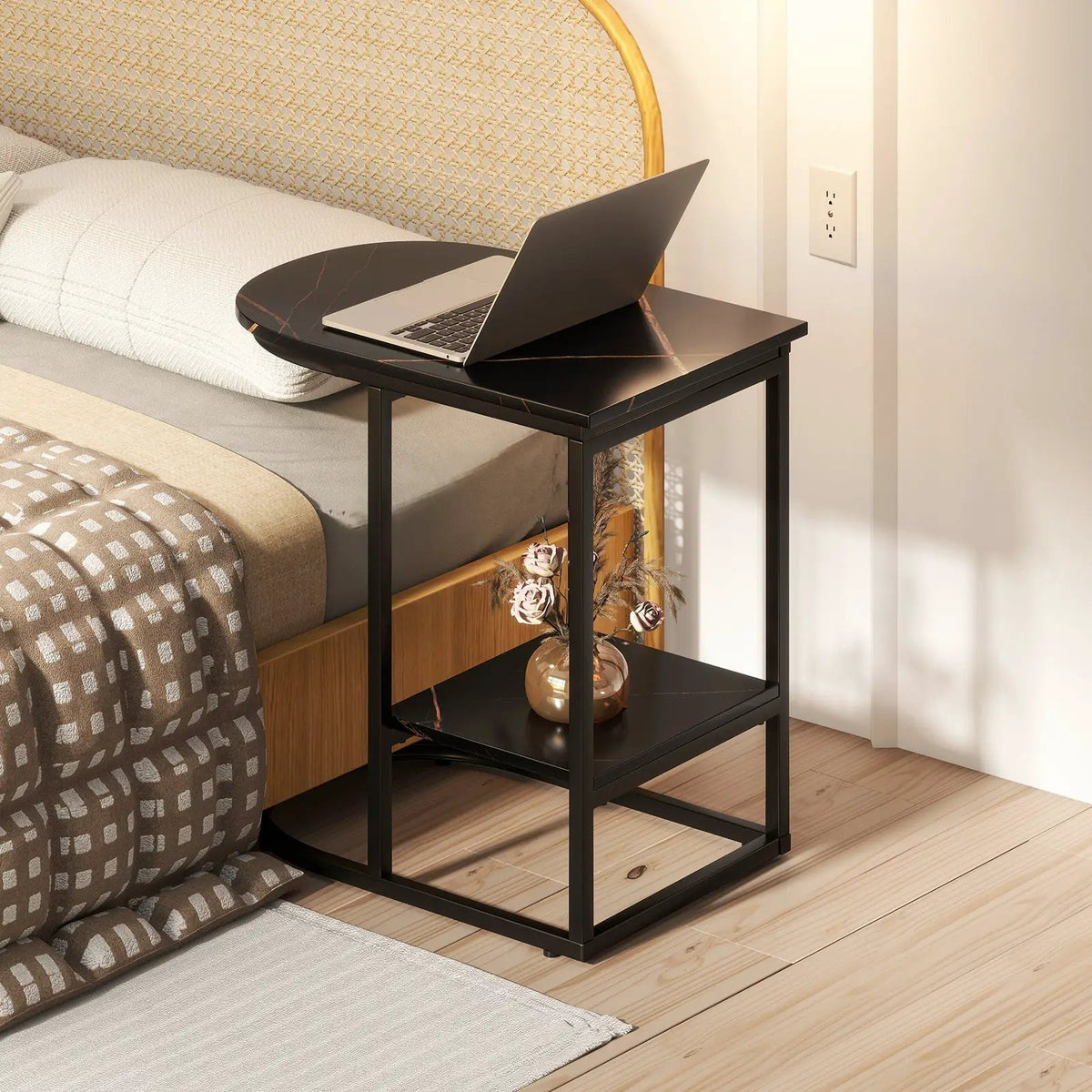 C-shaped Modern Sofa Side Table with Faux Marble Tabletop and Storage Shelf, photo 2 of 9