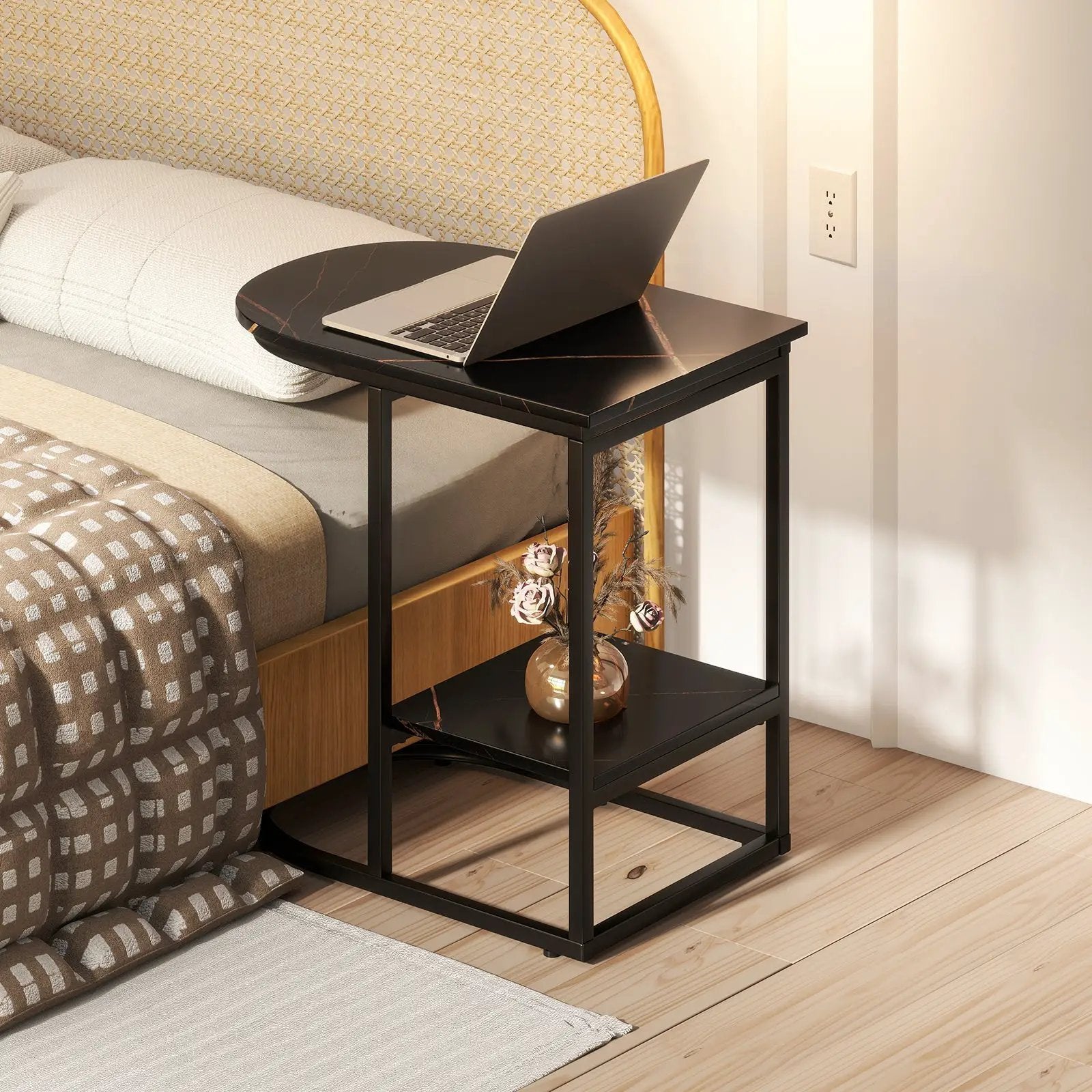 C-shaped Modern Sofa Side Table with Faux Marble Tabletop and Storage Shelf by DirectDeals