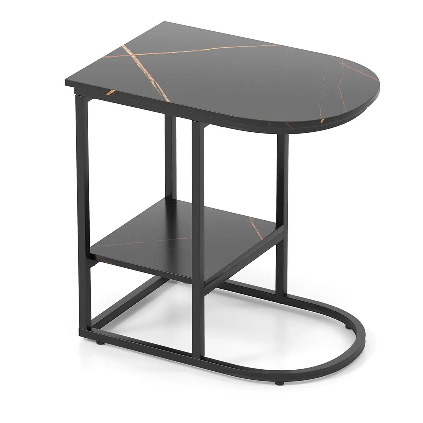C-shaped Modern Sofa Side Table with Faux Marble Tabletop and Storage Shelf by DirectDeals