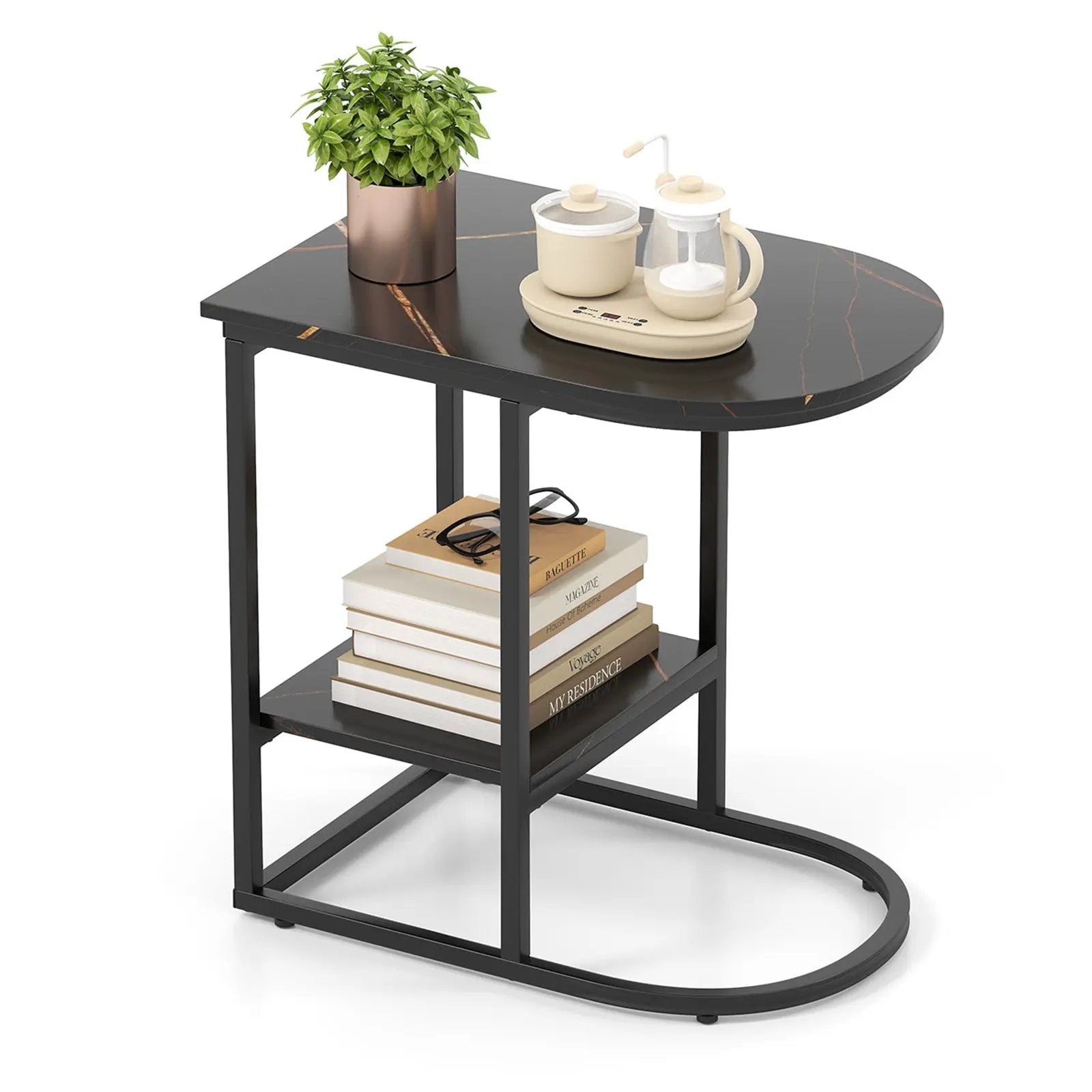 C-shaped Modern Sofa Side Table with Faux Marble Tabletop and Storage Shelf by DirectDeals