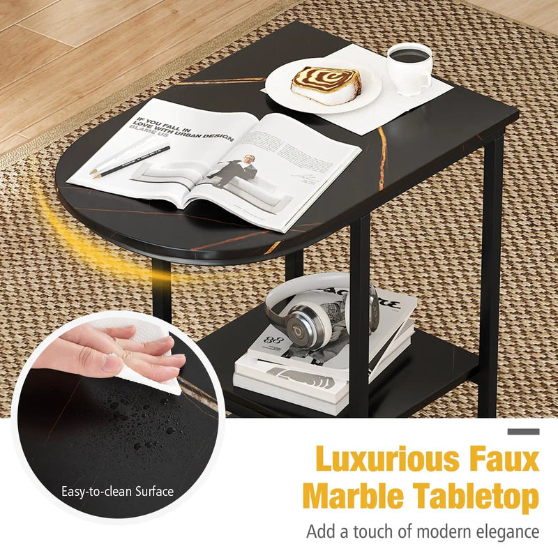 C-shaped Modern Sofa Side Table with Faux Marble Tabletop and Storage Shelf by DirectDeals
