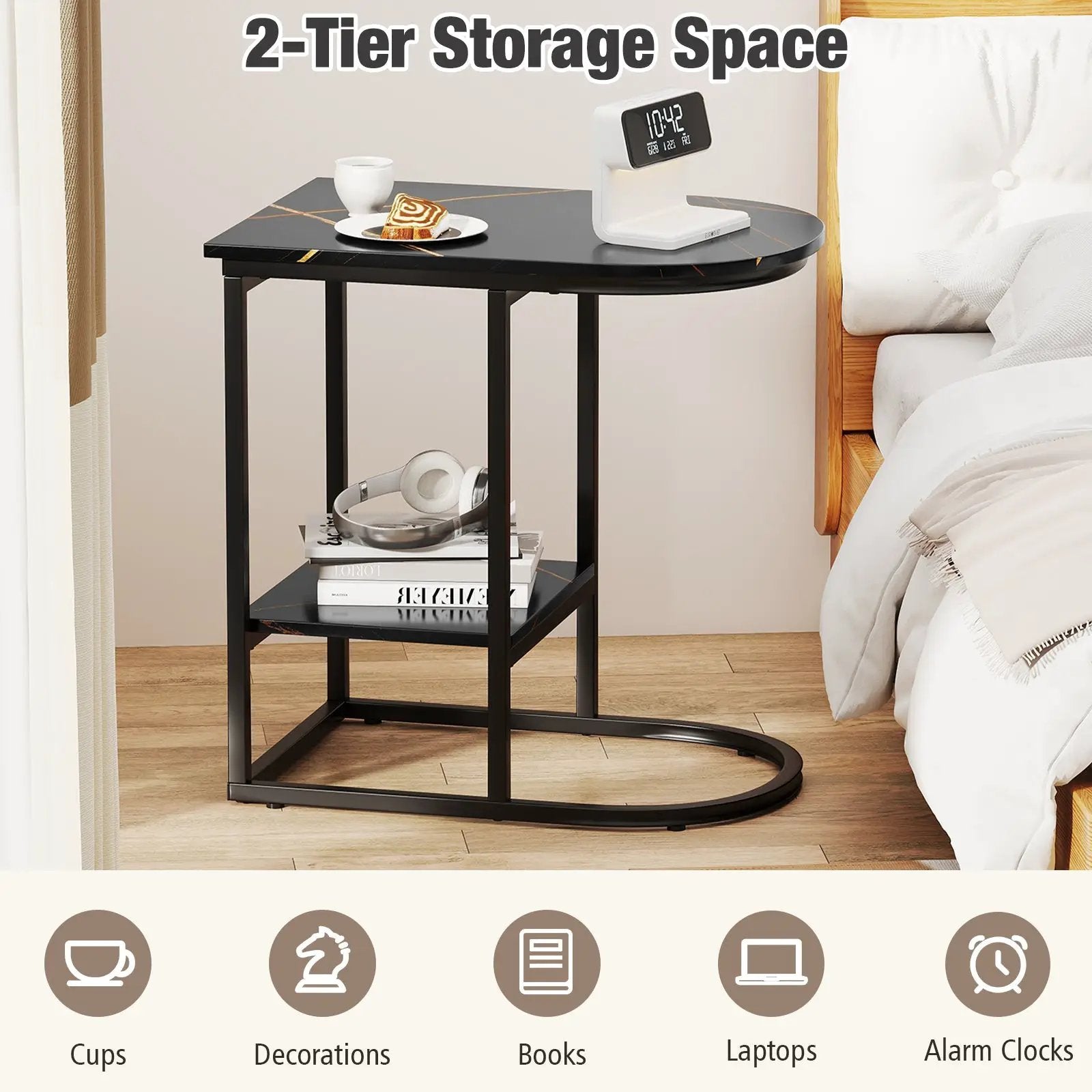C-shaped Modern Sofa Side Table with Faux Marble Tabletop and Storage Shelf by DirectDeals